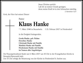 Traueranzeige von Klaus Hanke von lausitzer_rundschau