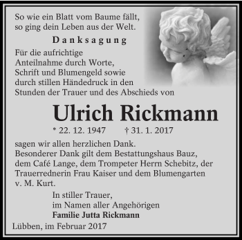 Traueranzeige von Ulrich Rickmann von lausitzer_rundschau
