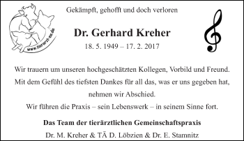 Traueranzeige von Gerhard Kreher von lausitzer_rundschau
