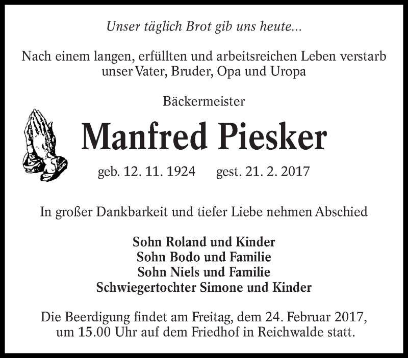  Traueranzeige für Manfred Piesker vom 23.02.2017 aus lausitzer_rundschau