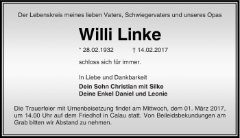 Traueranzeige von Willi Linke von lausitzer_rundschau