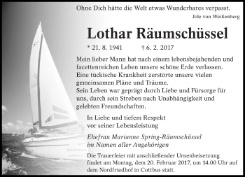 Traueranzeige von Lothar Räumschüssel von lausitzer_rundschau