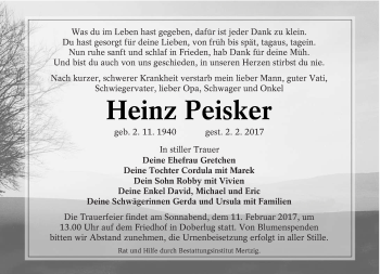 Traueranzeige von Heinz Peisker von lausitzer_rundschau