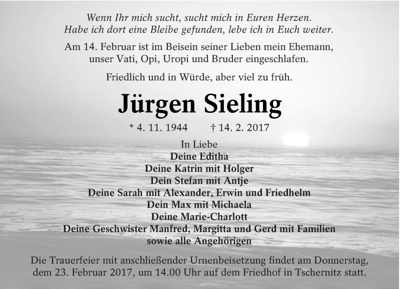  Traueranzeige für Jürgen Sieling vom 18.02.2017 aus lausitzer_rundschau