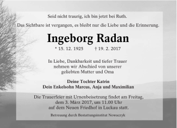 Traueranzeige von Ingeborg Radan von lausitzer_rundschau