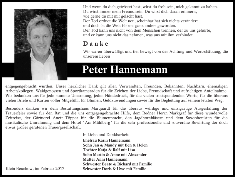  Traueranzeige für Peter Hannemann vom 25.02.2017 aus lausitzer_rundschau