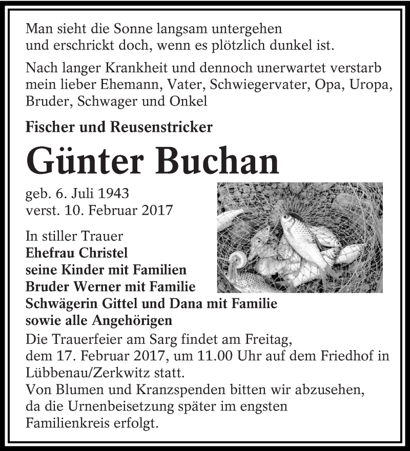  Traueranzeige für Günter Buchan vom 15.02.2017 aus lausitzer_rundschau