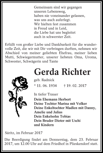 Traueranzeige von Gerda Richter von lausitzer_rundschau