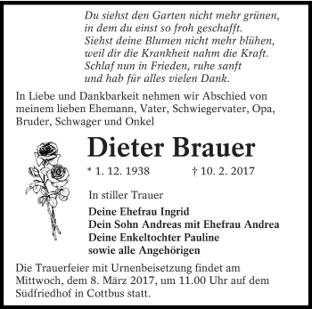 Traueranzeige von Dieter Brauer von lausitzer_rundschau