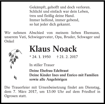 Traueranzeige von Klaus Noack von lausitzer_rundschau