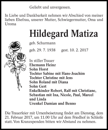 Traueranzeige von Hildegard Matiza von lausitzer_rundschau