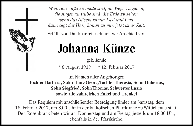  Traueranzeige für Johanna Künze vom 14.02.2017 aus lausitzer_rundschau