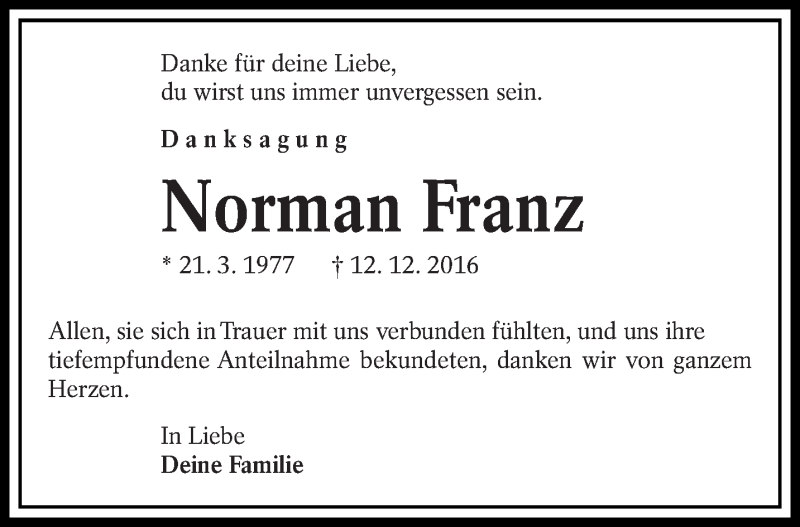  Traueranzeige für Norman Franz vom 04.02.2017 aus lausitzer_rundschau