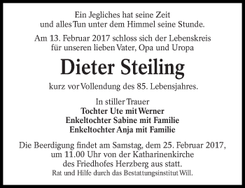 Traueranzeige von Dieter Steiling von lausitzer_rundschau