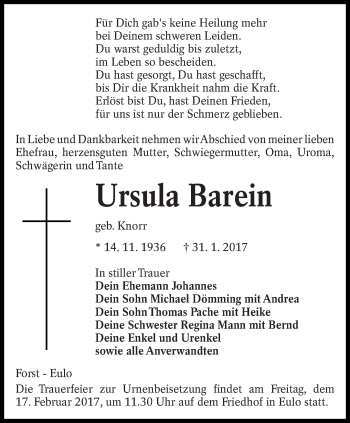 Traueranzeige von Ursula Barein von lausitzer_rundschau