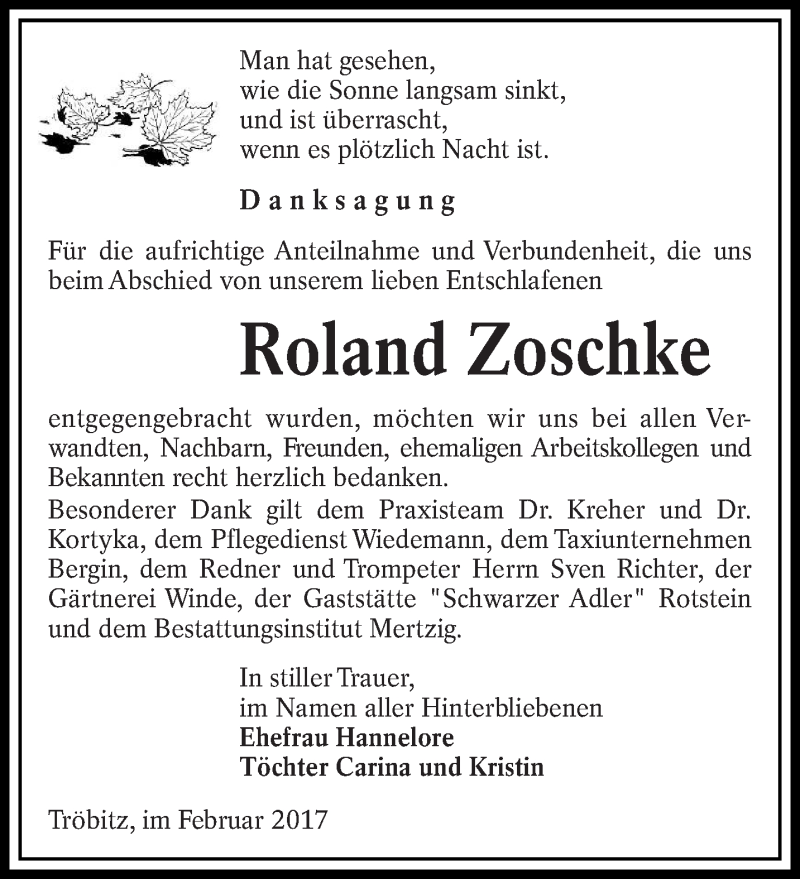  Traueranzeige für Roland Zoschke vom 18.02.2017 aus lausitzer_rundschau