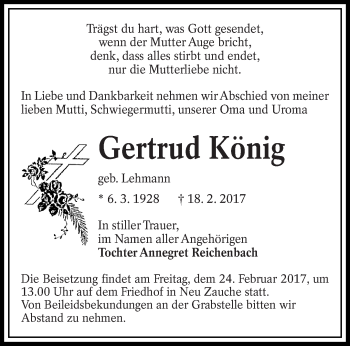 Traueranzeige von Gertrud König von lausitzer_rundschau