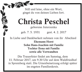 Traueranzeige von Christa Peschel von lausitzer_rundschau