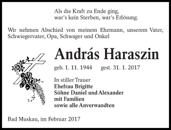 Traueranzeige von András Haraszin von lausitzer_rundschau