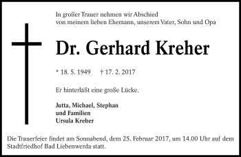 Traueranzeige von Gerhard Kreher von lausitzer_rundschau