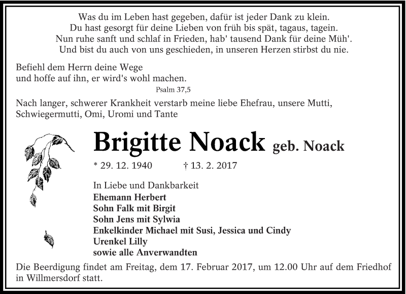  Traueranzeige für Brigitte Noack vom 15.02.2017 aus lausitzer_rundschau