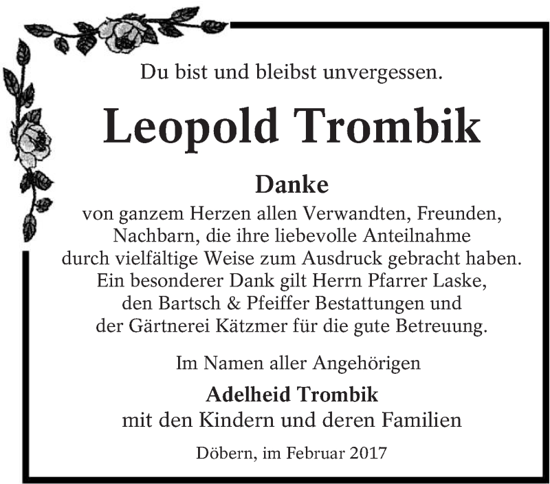  Traueranzeige für Leopold Trombik vom 18.02.2017 aus lausitzer_rundschau