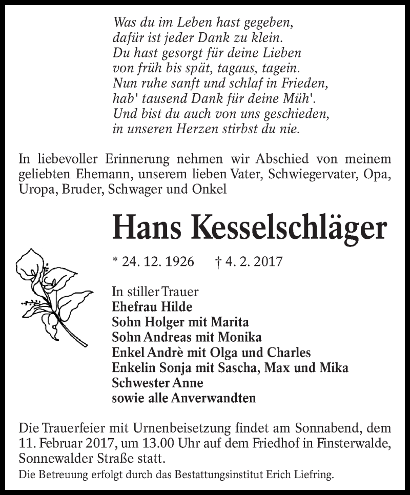 Traueranzeige für Hans Kesselschläger vom 07.02.2017 aus lausitzer_rundschau