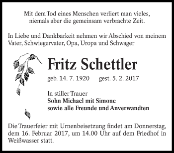 Traueranzeige von Fritz Schettler von lausitzer_rundschau