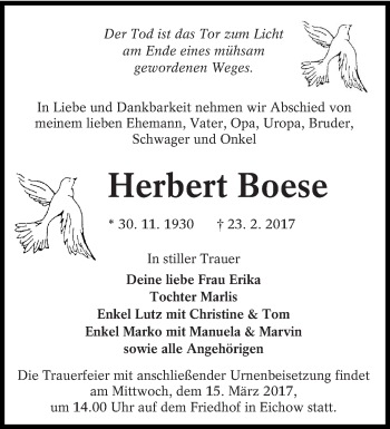 Traueranzeige von Herbert Boese von lausitzer_rundschau