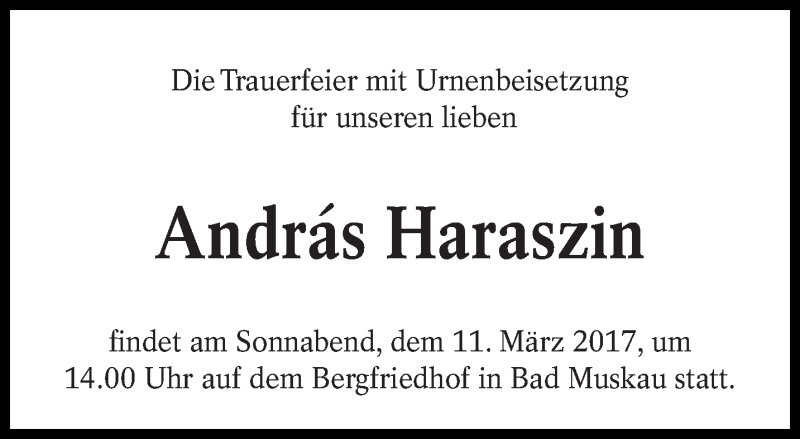  Traueranzeige für András Haraszin vom 07.03.2017 aus lausitzer_rundschau