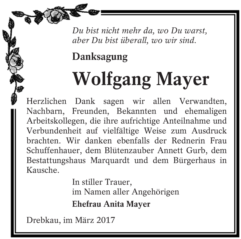 Traueranzeige für Wolfgang Mayer vom 25.03.2017 aus lausitzer_rundschau