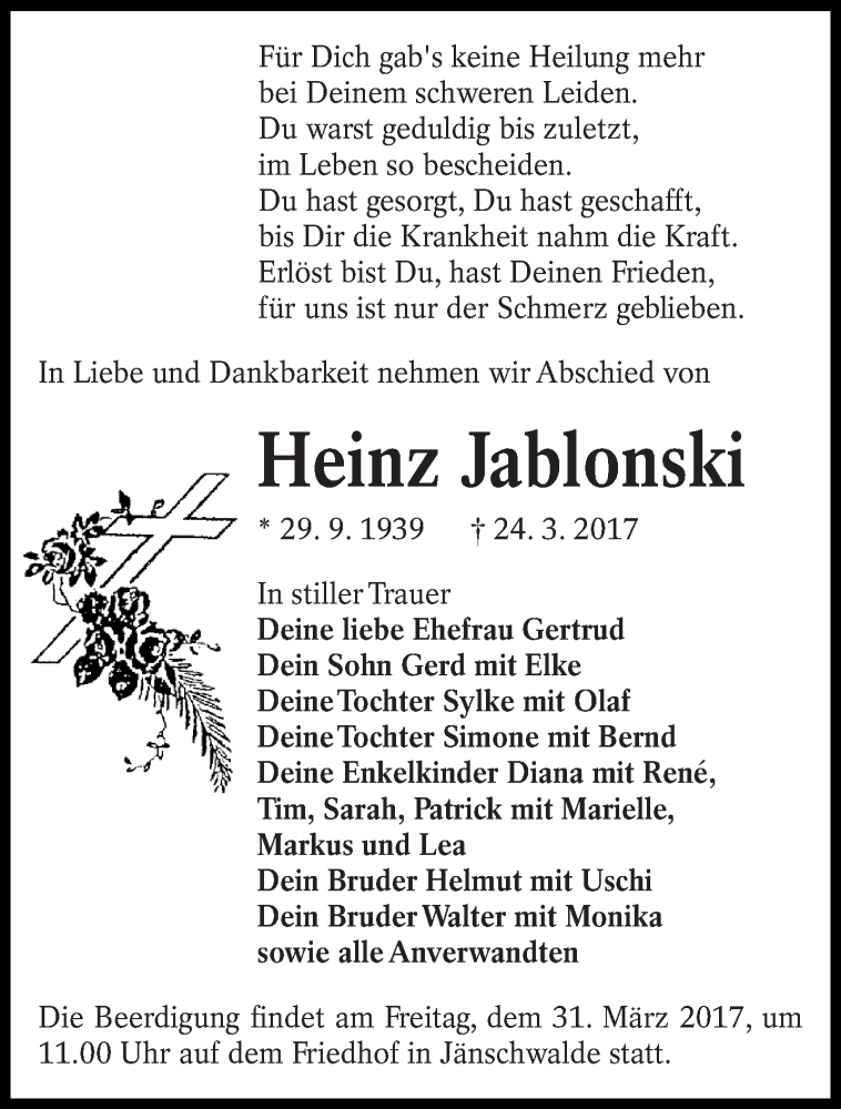  Traueranzeige für Heinz Jablonski vom 28.03.2017 aus lausitzer_rundschau