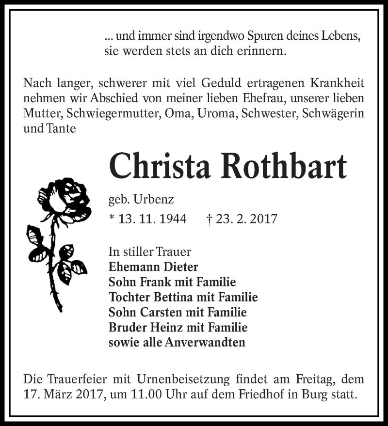  Traueranzeige für Christa Rothbart vom 04.03.2017 aus lausitzer_rundschau
