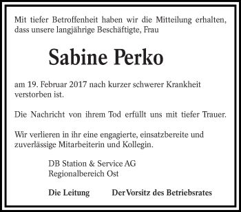 Traueranzeige von Sabine Perko von lausitzer_rundschau