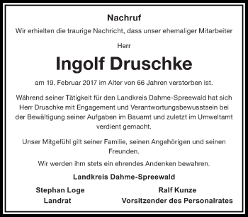 Traueranzeige von Ingolf Druschke von lausitzer_rundschau