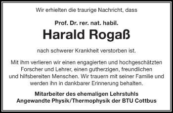 Traueranzeige von Harald Rogaß von lausitzer_rundschau