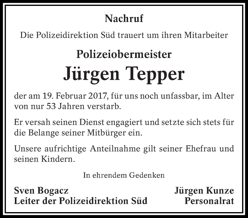  Traueranzeige für Jürgen Tepper vom 01.03.2017 aus lausitzer_rundschau