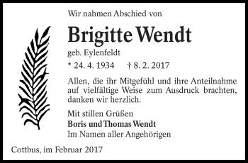 Traueranzeige von Brigitte Wendt von lausitzer_rundschau