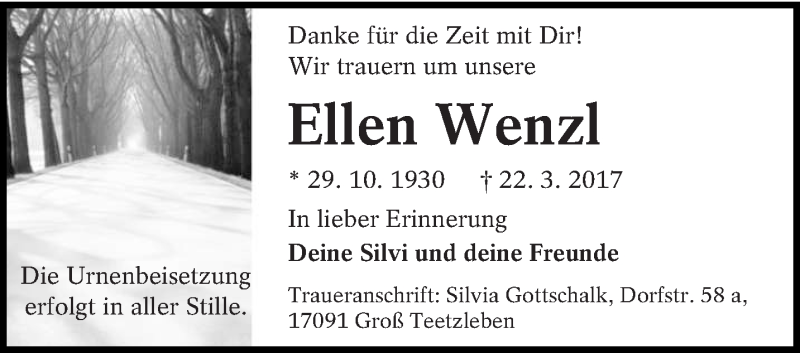  Traueranzeige für Ellen Wenzl vom 25.03.2017 aus lausitzer_rundschau