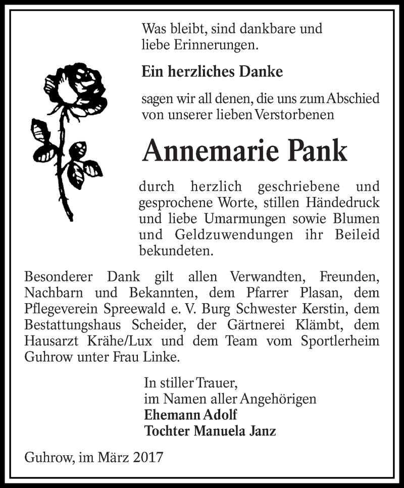  Traueranzeige für Annemarie Pank vom 11.03.2017 aus lausitzer_rundschau