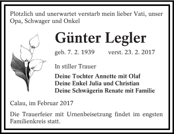 Traueranzeige von Günter Legler von lausitzer_rundschau