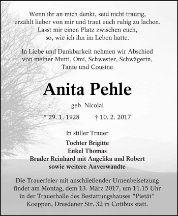 Traueranzeige von Anita Pehle von lausitzer_rundschau