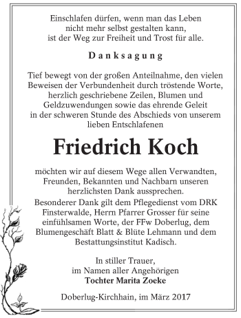 Traueranzeige von Friedrich Koch von lausitzer_rundschau