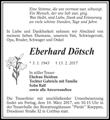 Traueranzeige von Eberhard Dötsch von lausitzer_rundschau