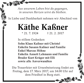 Traueranzeige von Käthe Kaßner von lausitzer_rundschau