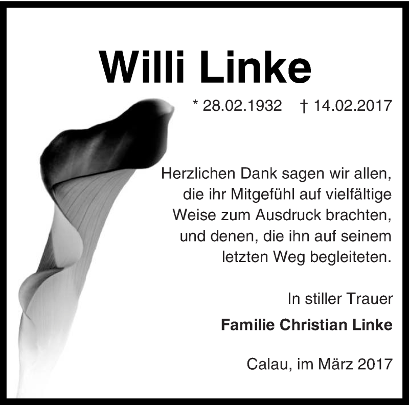  Traueranzeige für Willi Linke vom 11.03.2017 aus lausitzer_rundschau