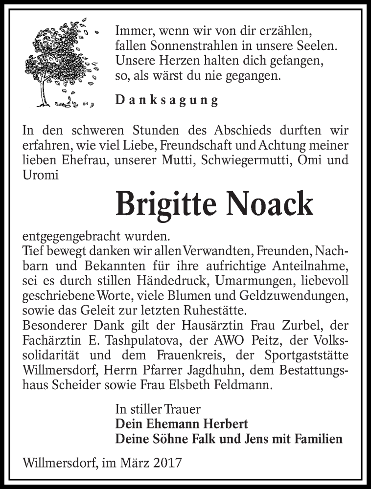  Traueranzeige für Brigitte Noack vom 10.03.2017 aus lausitzer_rundschau