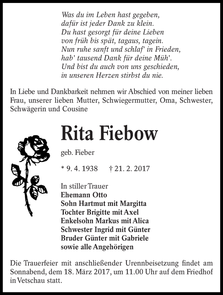  Traueranzeige für Rita Fiebow vom 11.03.2017 aus lausitzer_rundschau