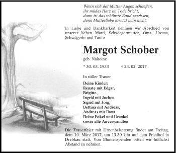 Traueranzeige von Margot Schober von lausitzer_rundschau