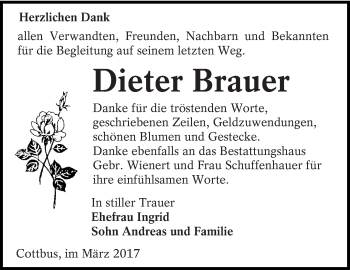 Traueranzeige von Dieter Brauer von lausitzer_rundschau